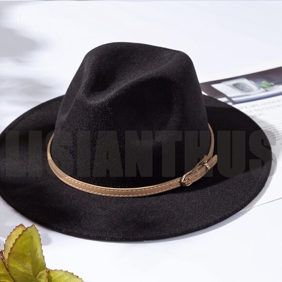 ? Lisianhus Classic Felt Fedora Women Black Wide Brim Fashion Belt Buckle Hats main image 6